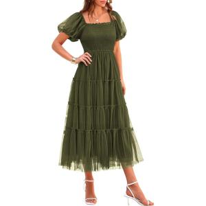 PRETTYGARDEN Women’s Smocked Midi Tulle Dress 2026 Summer Puffy Short Sleeve Square Neck Ruffle Wedding Guest Party Dresses(Army Green)