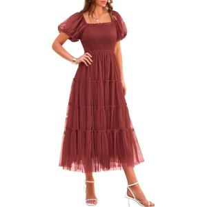 PRETTYGARDEN Women’s Smocked Midi Tulle Dress 2026 Summer Puffy Short Sleeve Square Neck Ruffle Wedding Guest Party Dresses(Brick Red)