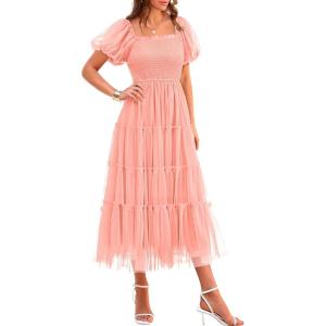 PRETTYGARDEN Women’s Smocked Midi Tulle Dress 2026 Summer Puffy Short Sleeve Square Neck Ruffle Wedding Guest Party Dresses(Coral Pink)