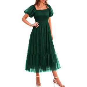 PRETTYGARDEN Women’s Smocked Midi Tulle Dress 2026 Summer Puffy Short Sleeve Square Neck Ruffle Wedding Guest Party Dresses(Dark Green)