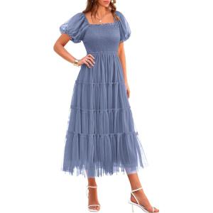 PRETTYGARDEN Women’s Smocked Midi Tulle Dress 2026 Summer Puffy Short Sleeve Square Neck Ruffle Wedding Guest Party Dresses(Grey Blue)
