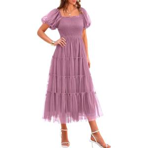 PRETTYGARDEN Women’s Smocked Midi Tulle Dress 2026 Summer Puffy Short Sleeve Square Neck Ruffle Wedding Guest Party Dresses(Grey Purple)