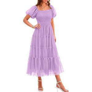 PRETTYGARDEN Women’s Smocked Midi Tulle Dress 2026 Summer Puffy Short Sleeve Square Neck Ruffle Wedding Guest Party Dresses(Light Purple)