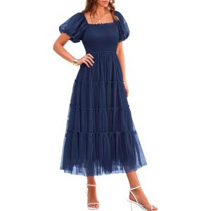 PRETTYGARDEN Women’s Smocked Midi Tulle Dress 2026 Summer Puffy Short Sleeve Square Neck Ruffle Wedding Guest Party Dresses(Navy)