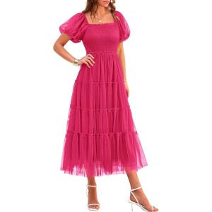 PRETTYGARDEN Women’s Smocked Midi Tulle Dress 2026 Summer Puffy Short Sleeve Square Neck Ruffle Wedding Guest Party Dresses(Rose Red)
