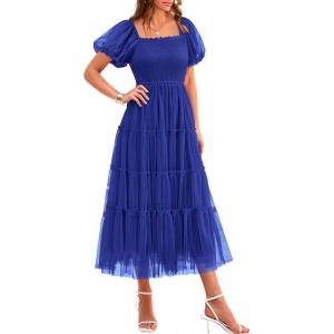 PRETTYGARDEN Women’s Smocked Midi Tulle Dress 2026 Summer Puffy Short Sleeve Square Neck Ruffle Wedding Guest Party Dresses(Royal Blue)