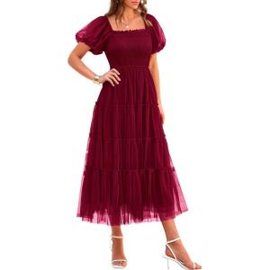 PRETTYGARDEN Women’s Smocked Midi Tulle Dress 2026 Summer Puffy Short Sleeve Square Neck Ruffle Wedding Guest Party Dresses(Wine Red)