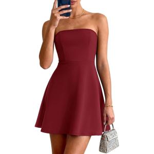 PRETTYGARDEN Women’s Strapless Mini Summer Dress 2026 Spring A Line Tube Top Wedding Guest Cocktail Party Short Dresses(Wine Red)