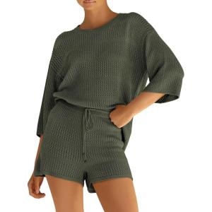 PRETTYGARDEN Women’s Summer 2 Piece Cover up Knit Swimsuit Short Sleeve Tops Shorts Sets Bathing Suit Beach Outfits(Army Green)