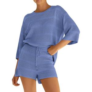 PRETTYGARDEN Women’s Summer 2 Piece Cover up Knit Swimsuit Short Sleeve Tops Shorts Sets Bathing Suit Beach Outfits(Blue)