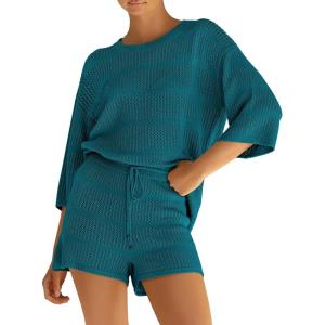 PRETTYGARDEN Women’s Summer 2 Piece Cover up Knit Swimsuit Short Sleeve Tops Shorts Sets Bathing Suit Beach Outfits(Blue Green)
