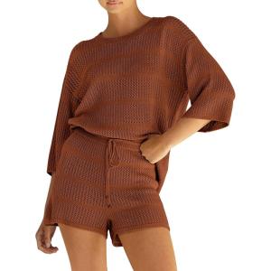 PRETTYGARDEN Women’s Summer 2 Piece Cover up Knit Swimsuit Short Sleeve Tops Shorts Sets Bathing Suit Beach Outfits(Brown)