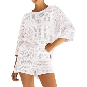 PRETTYGARDEN Women’s Summer 2 Piece Cover up Knit Swimsuit Short Sleeve Tops Shorts Sets Bathing Suit Beach Outfits(White)