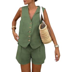 PRETTYGARDEN Women’s Summer 2 Piece Outfits Sleeveless Matching Sets Button Down V Neck Vest Waistcoat and Pockets Shorts(Army Green)