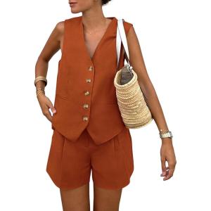 PRETTYGARDEN Women’s Summer 2 Piece Outfits Sleeveless Matching Sets Button Down V Neck Vest Waistcoat and Pockets Shorts(Brick Red)