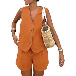 PRETTYGARDEN Women’s Summer 2 Piece Outfits Sleeveless Matching Sets Button Down V Neck Vest Waistcoat and Pockets Shorts(Brown Orange)
