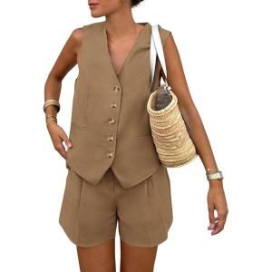 PRETTYGARDEN Women’s Summer 2 Piece Outfits Sleeveless Matching Sets Button Down V Neck Vest Waistcoat and Pockets Shorts(Coffee)