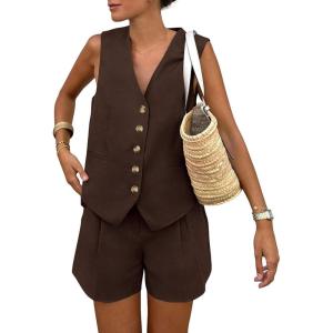 PRETTYGARDEN Women’s Summer 2 Piece Outfits Sleeveless Matching Sets Button Down V Neck Vest Waistcoat and Pockets Shorts(Dark Coffee)
