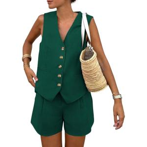 PRETTYGARDEN Women’s Summer 2 Piece Outfits Sleeveless Matching Sets Button Down V Neck Vest Waistcoat and Pockets Shorts(Dark Green)