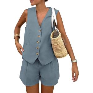 PRETTYGARDEN Women’s Summer 2 Piece Outfits Sleeveless Matching Sets Button Down V Neck Vest Waistcoat and Pockets Shorts(Grey Blue)