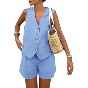 PRETTYGARDEN Women’s Summer 2 Piece Outfits Sleeveless Matching Sets Button Down V Neck Vest Waistcoat and Pockets Shorts(Light Blue)