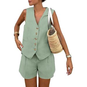 PRETTYGARDEN Women’s Summer 2 Piece Outfits Sleeveless Matching Sets Button Down V Neck Vest Waistcoat and Pockets Shorts(Light Green)