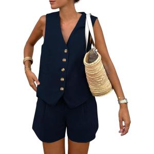PRETTYGARDEN Women’s Summer 2 Piece Outfits Sleeveless Matching Sets Button Down V Neck Vest Waistcoat and Pockets Shorts(Navy)