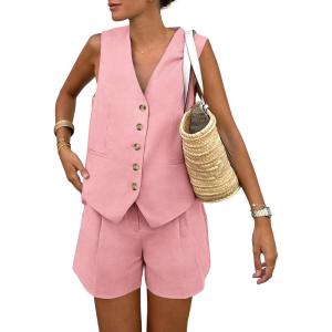 PRETTYGARDEN Women’s Summer 2 Piece Outfits Sleeveless Matching Sets Button Down V Neck Vest Waistcoat and Pockets Shorts(Pink)