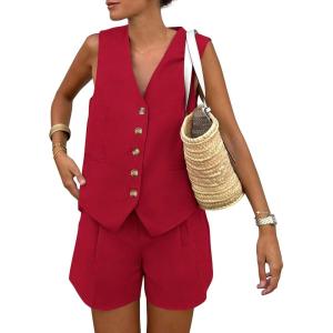 PRETTYGARDEN Women’s Summer 2 Piece Outfits Sleeveless Matching Sets Button Down V Neck Vest Waistcoat and Pockets Shorts(Red)
