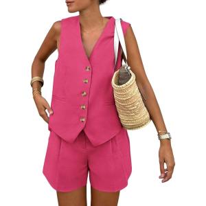PRETTYGARDEN Women’s Summer 2 Piece Outfits Sleeveless Matching Sets Button Down V Neck Vest Waistcoat and Pockets Shorts(Rose Red)