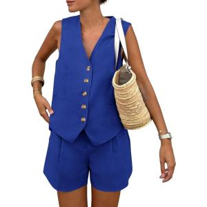 PRETTYGARDEN Women’s Summer 2 Piece Outfits Sleeveless Matching Sets Button Down V Neck Vest Waistcoat and Pockets Shorts(Royal Blue)