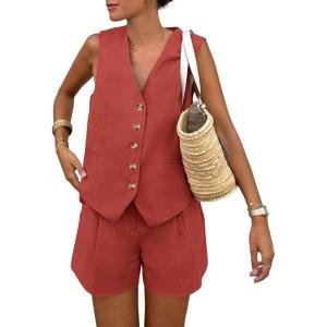 PRETTYGARDEN Women’s Summer 2 Piece Outfits Sleeveless Matching Sets Button Down V Neck Vest Waistcoat and Pockets Shorts(Rust Red)
