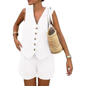 PRETTYGARDEN Women’s Summer 2 Piece Outfits Sleeveless Matching Sets Button Down V Neck Vest Waistcoat and Pockets Shorts(White)