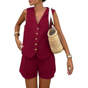 PRETTYGARDEN Women’s Summer 2 Piece Outfits Sleeveless Matching Sets Button Down V Neck Vest Waistcoat and Pockets Shorts(Wine Red)