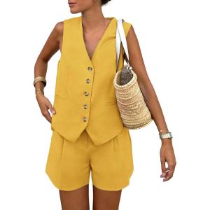 PRETTYGARDEN Women’s Summer 2 Piece Outfits Sleeveless Matching Sets Button Down V Neck Vest Waistcoat and Pockets Shorts(Yellow)