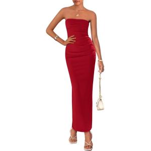 PRETTYGARDEN Women’s Summer 2025 Semi Formal Cocktail Dresses Strapless Tube Bodycon Ruched Evening Wedding Guest Maxi Dress(Red)