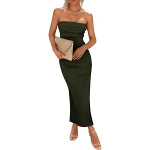 PRETTYGARDEN Women’s Summer Bodycon Maxi Tube Dress Ribbed Strapless Side Slit Long Going Out Casual Elegant Party Dresses(Army Green)