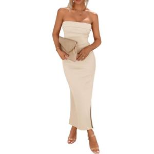 PRETTYGARDEN Women’s Summer Bodycon Maxi Tube Dress Ribbed Strapless Side Slit Long Going Out Casual Elegant Party Dresses(Beige)