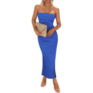 PRETTYGARDEN Women’s Summer Bodycon Maxi Tube Dress Ribbed Strapless Side Slit Long Going Out Casual Elegant Party Dresses(Blue)