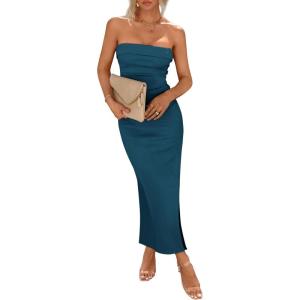 PRETTYGARDEN Women’s Summer Bodycon Maxi Tube Dress Ribbed Strapless Side Slit Long Going Out Casual Elegant Party Dresses(Dark Blue)