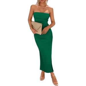 PRETTYGARDEN Women’s Summer Bodycon Maxi Tube Dress Ribbed Strapless Side Slit Long Going Out Casual Elegant Party Dresses(Green)