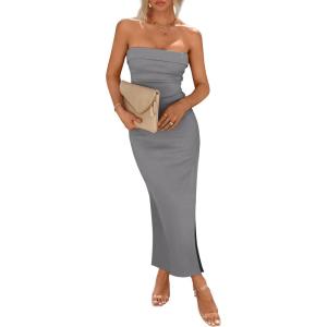 PRETTYGARDEN Women’s Summer Bodycon Maxi Tube Dress Ribbed Strapless Side Slit Long Going Out Casual Elegant Party Dresses(Grey)