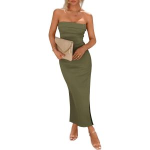 PRETTYGARDEN Women’s Summer Bodycon Maxi Tube Dress Ribbed Strapless Side Slit Long Going Out Casual Elegant Party Dresses(Light Army Green)