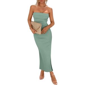 PRETTYGARDEN Women’s Summer Bodycon Maxi Tube Dress Ribbed Strapless Side Slit Long Going Out Casual Elegant Party Dresses(Light Green)