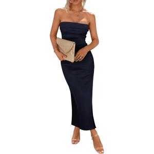 PRETTYGARDEN Women’s Summer Bodycon Maxi Tube Dress Ribbed Strapless Side Slit Long Going Out Casual Elegant Party Dresses(Navy)