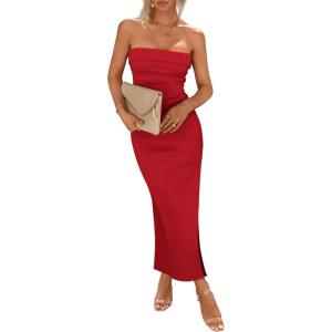 PRETTYGARDEN Women’s Summer Bodycon Maxi Tube Dress Ribbed Strapless Side Slit Long Going Out Casual Elegant Party Dresses(Red)