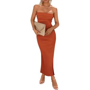 PRETTYGARDEN Women’s Summer Bodycon Maxi Tube Dress Ribbed Strapless Side Slit Long Going Out Casual Elegant Party Dresses(Rust Red)