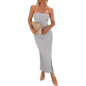 PRETTYGARDEN Women’s Summer Bodycon Maxi Tube Dress Ribbed Strapless Side Slit Long Going Out Casual Elegant Party Dresses(Striped Light Grey White)