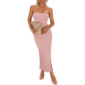 PRETTYGARDEN Women’s Summer Bodycon Maxi Tube Dress Ribbed Strapless Side Slit Long Going Out Casual Elegant Party Dresses(Striped Pink White)
