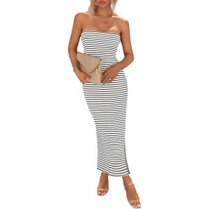 PRETTYGARDEN Women’s Summer Bodycon Maxi Tube Dress Ribbed Strapless Side Slit Long Going Out Casual Elegant Party Dresses(Striped White Black)